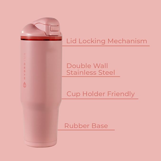 HydroJug Ease2o Water Bottle with Straw & Chug Lid, Stainless Steel, Vented Cap to Help Reduce Pressure, Water-Level Window, Cup Holder Friendly, Non-Slip Base – 32oz, Tulip