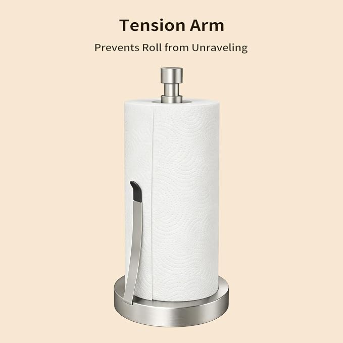 YUMORE Heavy Duty Stainless Steel Paper Towel Holder – Easy One-Handed Tear, Weighted Base Non-Slip, Tension Arm Prevents Unraveling, Countertop Paper Stand for Kitchen, Fits Most Size Rolls (Silver)