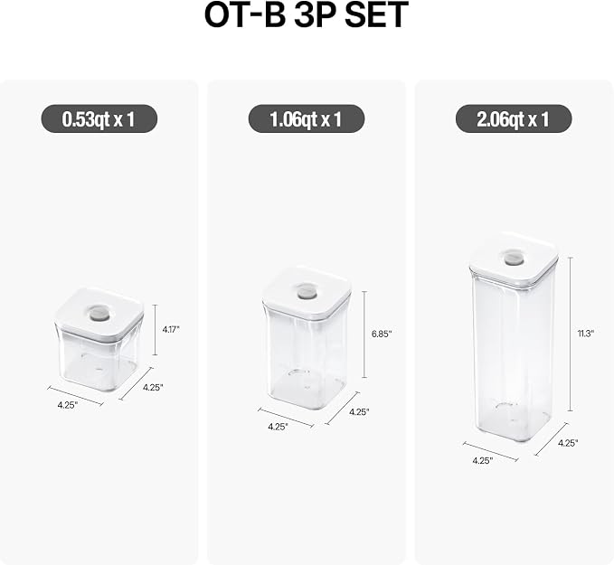 VAKUEN Premium Airtight Food Storage Containers, Square-S 3PC-SET, Smart One-Click Seal Lid, No Hinges, 100% Leak Proof, BPA-FREE, Dishwasher, Freezer & Microwave Safe