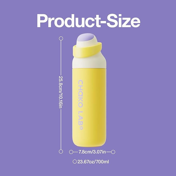 CHAKO LAB Insulated Stainless Steel Water Bottle, BPA-Free Sports Water Bottle,Spout and Straw,Leak Proof Locking Lid,Designed for Travel, School, and Sport,BPA Free,23 oz,Lemon