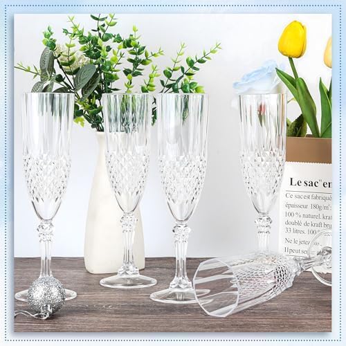 Plastic Champagne Flutes, Champagne Glasses Bulk, Reusable Unbreakable Acrylic Wine Glasses Goblets for Weddings Bachelor Parties Toasting Bridal Shower (12,Transparent)