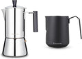 Easyworkz Pedro Stovetop Espresso Maker 4Cup 200ml, Bundled Espresso Steaming Pitcher Stainless Steel 20 oz Coffee Frothing Picther Milk Jug Cappuccino Latte Art Cup, Black