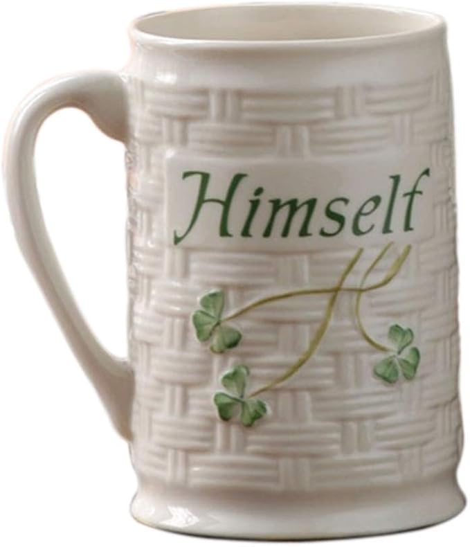 Belleek Classic Himself & Herself 12 oz Irish Coffee Mug Set, Handcrafted Parian China Cups, Shamrock Design, Set of 2, White