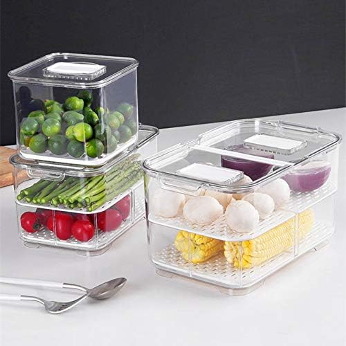 SANNO Refrigerator Food Storage Containers Stay Fresh,Food Storage Container Bin Stackable Refrigerator Freezer Organizer Fresh Keeper Drawers with Vented Lids and Removable Drain Tray