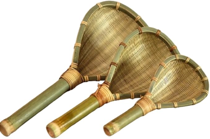 Bamboo Rice Strainer Wooden Skimmer Colander Scoops – Natural Kitchen Mesh Sieve Bamboo Ladle Washer Sifter with Handle for Beans, Rice, Dried Fruits, Grains – Kitchen Tool Eco-Friendly Colander