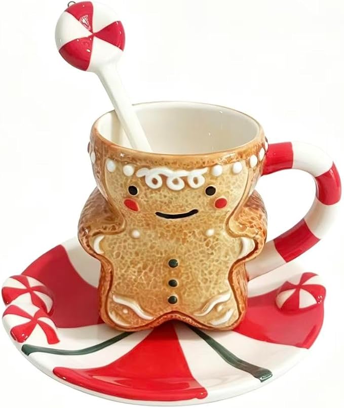 Ceramic Christmas Tea Cup and Saucer Set，200ML(6.8OZ) 3D Hand-painted Christmas Gingerbread Man Coffee Mug，Round Saucer, Spoon