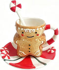 Ceramic Christmas Tea Cup and Saucer Set，200ML(6.8OZ) 3D Hand-painted Christmas Gingerbread Man Coffee Mug，Round Saucer, Spoon