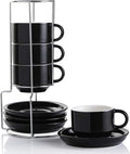 Sweejar Ceramic Espresso Cups with Saucers, 4 Ounce Stackable Cappuccino Cups with Metal Stand for Coffee Drinks, Latte, Tea - Set of 4 (Black)