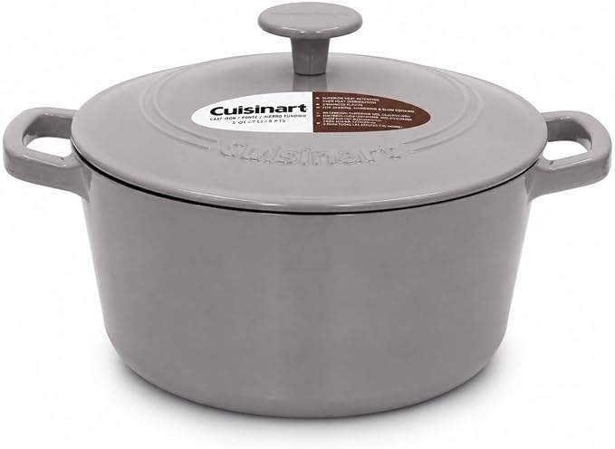 Cuisinart Chef's Classic Enameled Cast Iron Dutch Oven with Lid, Porcelain Enameled Interior, Oven Safe, Induction Compatible, 5-Quart, Round, Grey