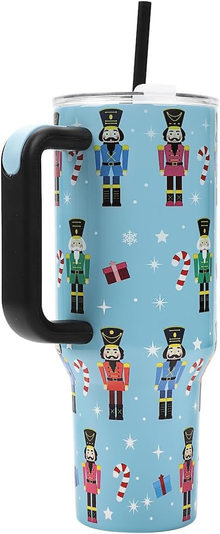 Bioworld Nutcrackers Vacuum Insulated 40 Oz. Stainless Steel Tumbler with Reusable Straw & Leak-Proof Lid Easy Carry Handle for Travel or Home