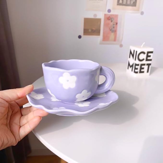 Noviko Purple Flower Mug and Saucer Set - Cute Ceramic Mug for Girls and Mom - 7 oz