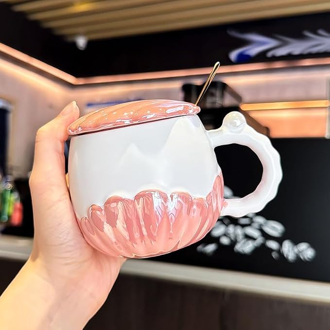 Pearl Ceramic Coffee Mug for Tea Latte Milk Cute Love Shape Cup for Home Office Women Gift 6.5 oz (Shell Round Yellow, 350 ml)