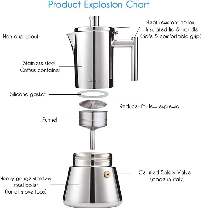 Easyworkz Diego Stovetop Espresso Maker 12Cup 17.5 oz Moka Pot, Bundled with Stainless Steel Long Hollow Handle 7g Measuring Spoon, Brushed Silver