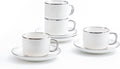 Agyiuns Tea Cups and Saucers with Silver Trim, 6.76 Ounce White Porcelain Tea Set & Coffee Cups for Latte, Cafe Mocha - Set of 4, Porcelain Mugs for Kitchen or Cafe (White and Silver)