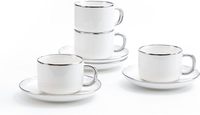 Agyiuns Tea Cups and Saucers with Silver Trim, 6.76 Ounce White Porcelain Tea Set & Coffee Cups for Latte, Cafe Mocha - Set of 4, Porcelain Mugs for Kitchen or Cafe (White and Silver)