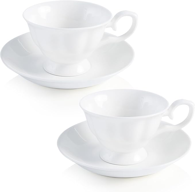 Fine Bone China Tea Cups and Saucers Set of 2, 4 Oz Vintage British Royal Style Espresso Coffee Cups for Afternoon Tea, Latte, Cappuccino, Elegant Gift