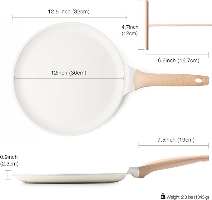 Kordisen Crepe Pan Nonstick, 12 Inch Healthy Coating Comales para Tortillas Dosa Pan with Spreader, Induction Compatible, PFOA Free (White)