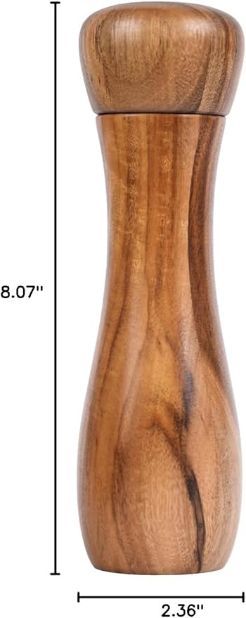 Pepper Mill, Pepper Grinder, Adjustable Ceramic Grinder for Both Pepper and Salt, Acacia Wood, Height 20.5 cm / 8 inch, Dia 6 cm(Tray is NOT Included)