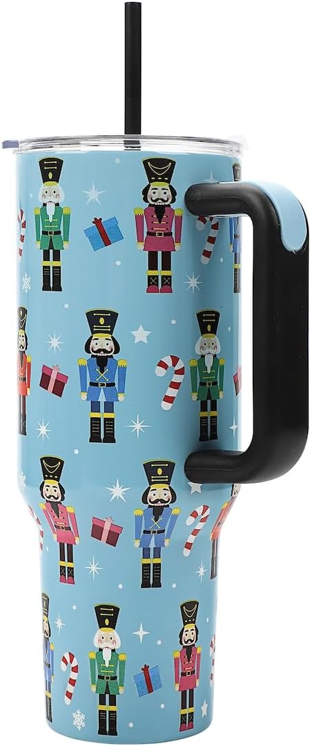 Bioworld Nutcrackers Vacuum Insulated 40 Oz. Stainless Steel Tumbler with Reusable Straw & Leak-Proof Lid Easy Carry Handle for Travel or Home