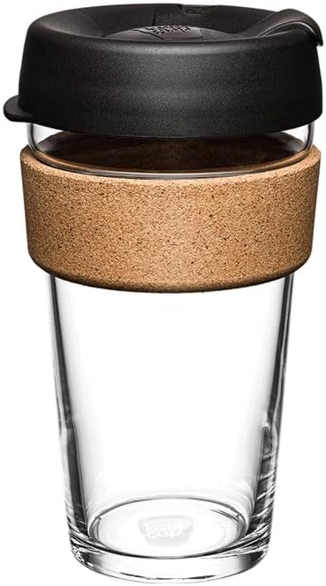 KeepCup Brew Cork, Reusable Glass Tumbler with Natural Cork, Grande Coffee Cup 16oz/454ml - Black