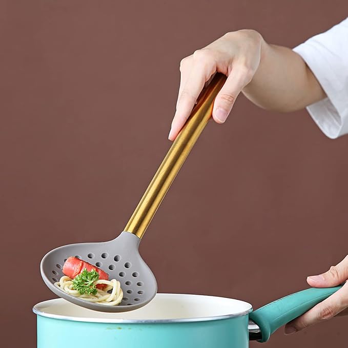 Gold Skimmer, Berglander Non-stick Silicone Strainer With Titanium Gold Plating handle, Kitchen Cooking Skimmers For Non-Stick Cookware, Dishwasher Safe, Easy to Clean