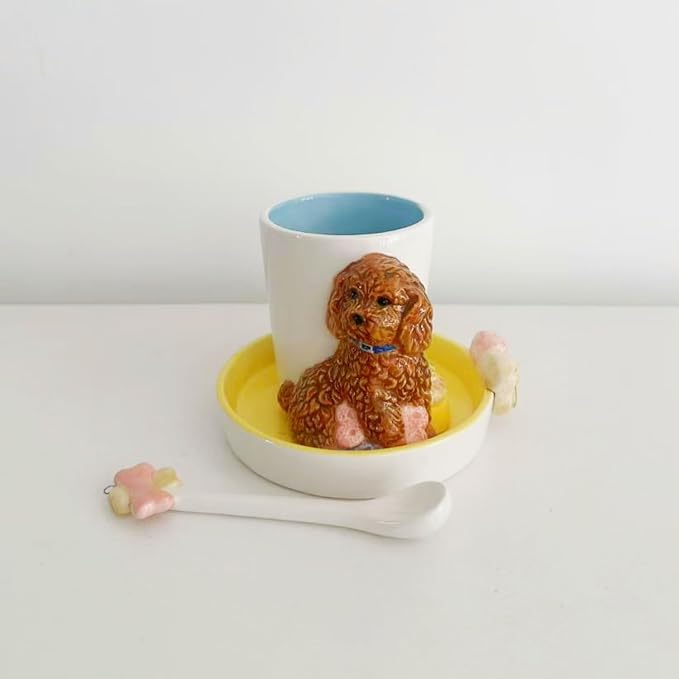 Ceramic Animal Coffee Mug Cup and Saucer Set，200ML(6.8OZ) 3D Hand-painted Tea Cup with Spoon (Reddish Brown)