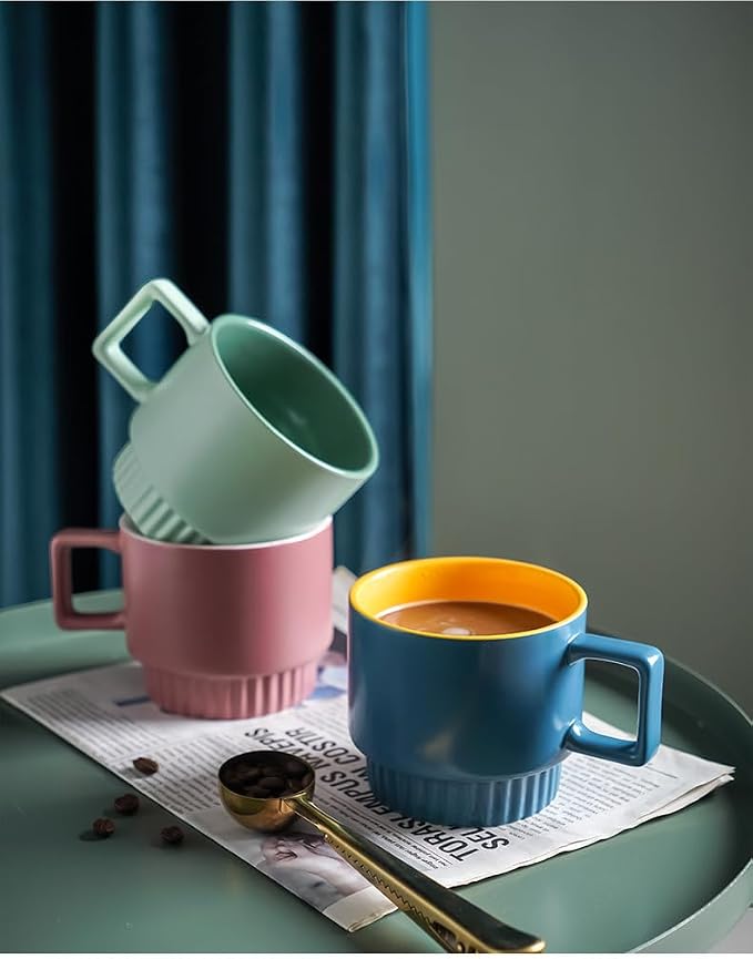 12OZ Stackable Coffee Mugs Set, Ceramic Coffee Cups with morandi color for Au Lait, Cappuccino,Latte,Cafe,Mocha,Tea, Suit Party Housewarming Wedding, Set of 3, Dishwasher&Microwave Safe(1)