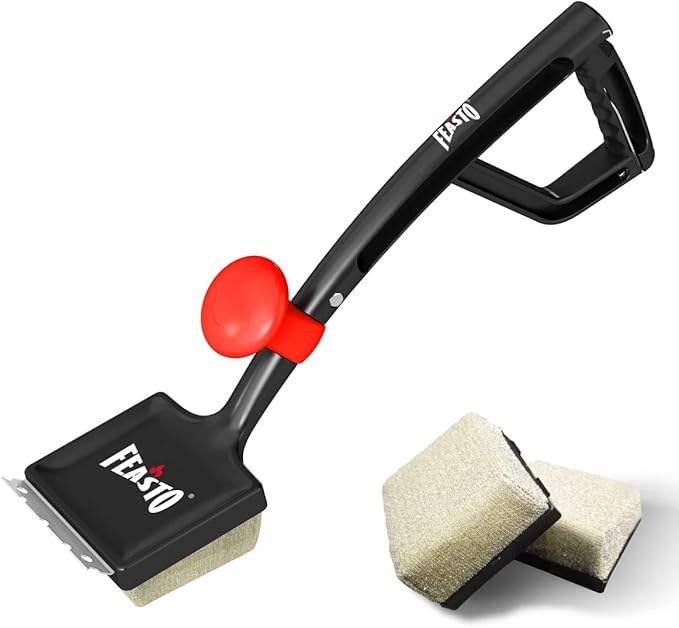 Feasto Grill Brush with Steam and 2 Replacement Brush Heads, 6-in-1 Bristle-Free with Interwoven-Tech & Thermal-Sensitive Sponge, Stainless Steel Scraper, 360° Rotating Knob, Bottle Opener