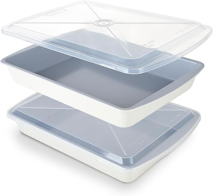 CARTMAN Cake Pan Set with Lids (2 Pans+2 Lids), 9x13 Inch Non-Stick Rectangular Coated Baking Pan, Healthy Toxin-Free Bakeware for Lasagna & Bread, Elegant Two-Tone Aesthetic Design, Cream