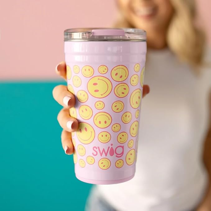 Swig Life 24oz Party Cup, Stackable Insulated Travel Coffee Tumbler with EZ Slider Lid, Cup Holder Friendly, Stainless Steel 24 oz Tumbler, Reusable Coffee Mug (Oh Happy Day)