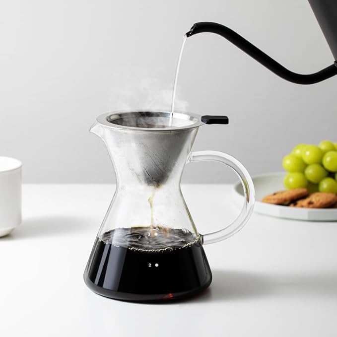 &NE NNS-371 Glass Dripper & Server with Stainless Steel Filter, Clear, Width 6.3 x Depth 4.7 x Height 6.1 inches (16 x 12 x 15.5 cm), Actual Capacity, 15.9 fl oz (450 ml), Heat Resistant Glass