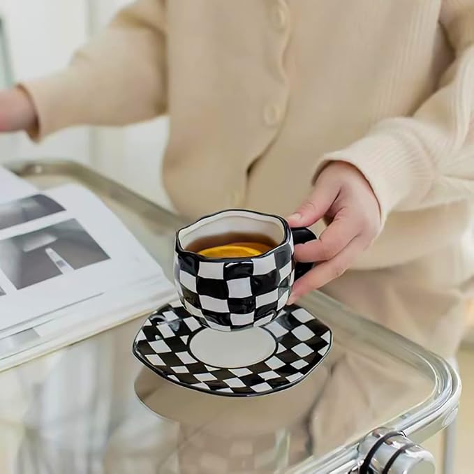 Noviko Checkered Mug Ceramic Checker Tea Cup and Saucer Set 10 oz