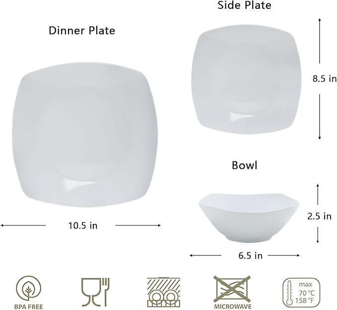 Melamine Dinnerware Sets, Square Dinnerware Sets, White Color Plates and Bowls Sets for 4, Unbreakable Dishwasher Safe BPA Free