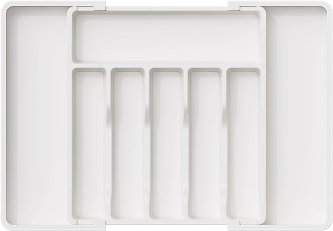 Lifewit Silverware Drawer Organizer, Expandable Utensil Tray for Kitchen, BPA Free Flatware and Cutlery Holder, Adjustable Plastic Storage for Spoons Forks Knives, Large, White