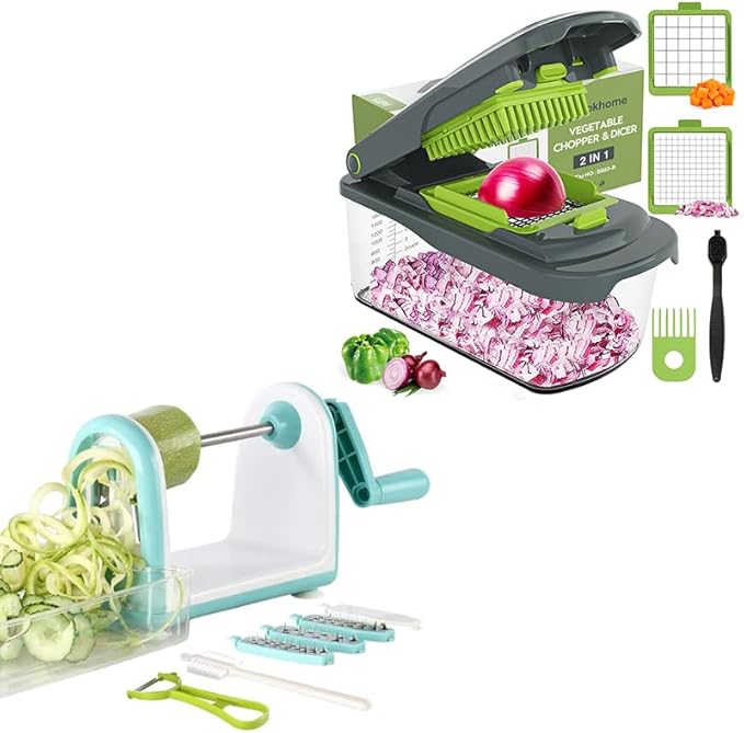 Ourokhome Zucchini Noodle Maker Spaghetti Spiralizer - 5 Blades Vegetable Slicer for Veggie Noodles and Curly Chips, Vegetable Chopper Onion Cutter with Container, Multifunctional Food Chopper