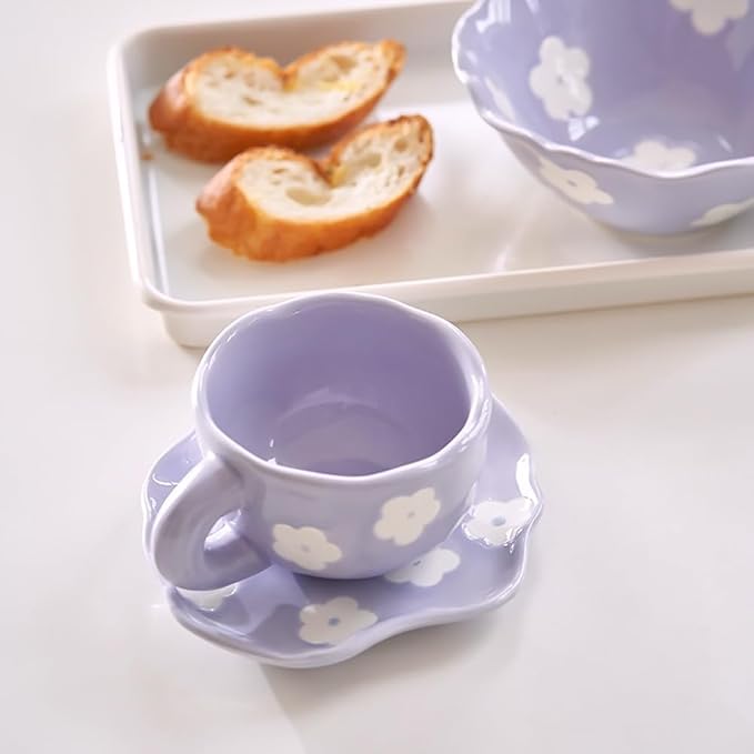 Noviko Purple Flower Mug and Saucer Set - Cute Ceramic Mug for Girls and Mom - 7 oz