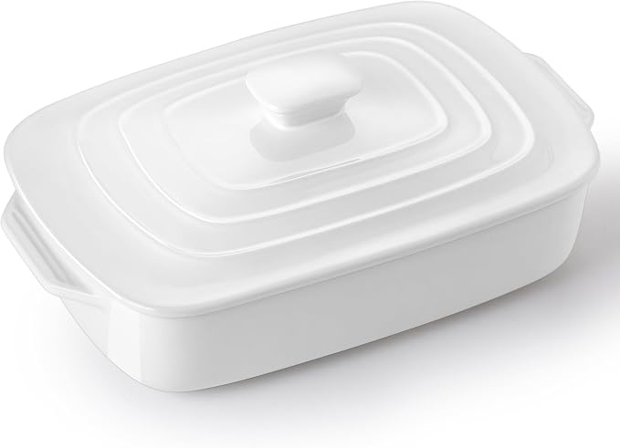 Large Ceramic Casserole Dish with Lid, 4.0 Quart Covered Rectangular Stoneware Baking Dishes for Oven, Deep 9x13 Inch Lasagna Pans for Baking and Serving, Perfect for Christmas, White