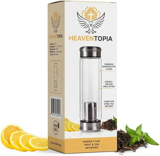 Double Wall Glass Tea Bottle with Infuser - Loose Leaf Tea Steeper, Insulated Cup, Fruit Brewer, Glass Mug With Double Lids - Portable Brewer - Water Infuser Bottle - 13.5 & 10 oz (13.5 oz)