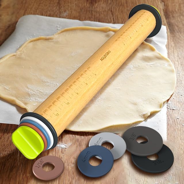 Rolling Pin with Adjustable Thickness Ring, Dough Thickness for Baking, Fondant, Pizza, Crust, Cookies, Pastry, 13.6'' Wooden Rolling Pin with 4 Multi-Color Thickness Rings