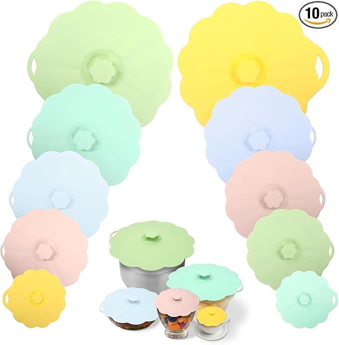 10 piece Silicone Lids, Microwave Splatter Covers Reusable, Heat-Resistant Silicone Covers for Bowls, Pots, Pans, Cups, Fridge, Microwave, Oven, BPA-Free Food Grade