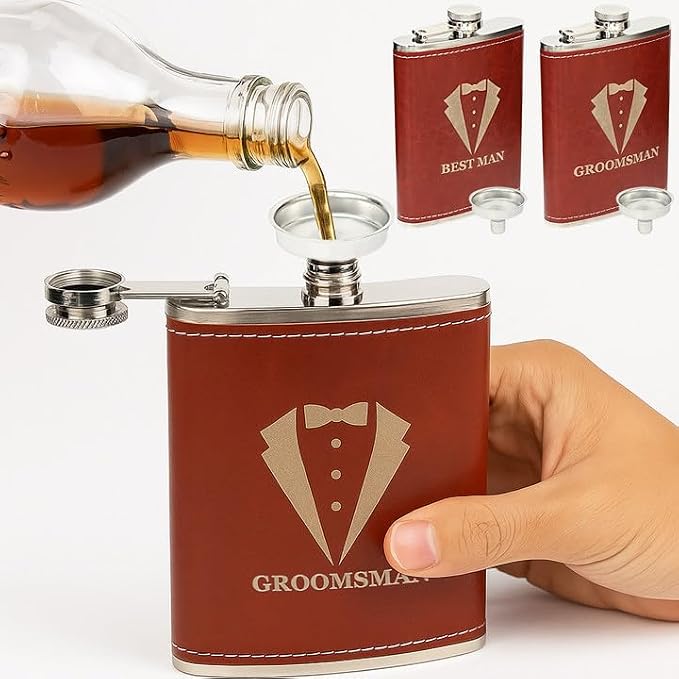 11 Pcs Groomsmen Proposal Gifts - Groomsmen Gift Boxes with Leather Bag，Tuxedo Flask, Funnel，Shot Glasse，Poker Card Bottle Openers, Sunglasses, Pen，Bracelet, Card & Gift Bags for Wedding Party （Brown）