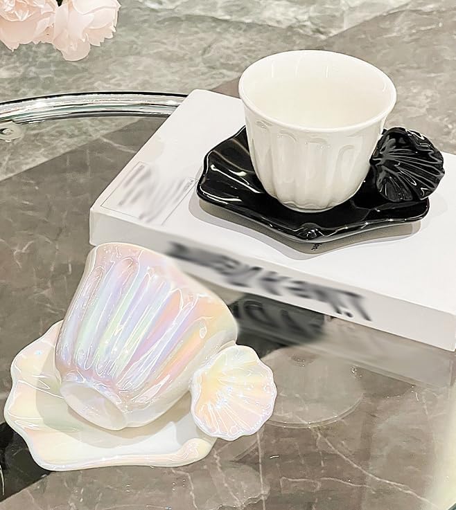 Pearl Shell Ceramic Coffee Mug with Shell Coaster Set for Tea Latte Milk Cute Cup with Saucer for Home Office Women Gift 6.5 oz (white S, 270 ml)