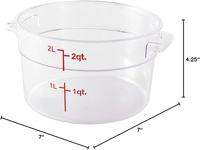 Restaurantware Met Lux 2 Quart Food Storage Container, 1 Round Commercial Storage Container - Lid Sold Separately, With Volume Markers, Clear Plastic Food Prep Bucket, Space-Saving Storage