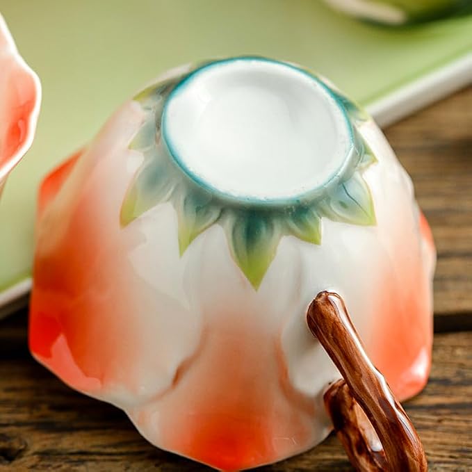 Lily Flower Tea Cup and Saucer Set 6 Oz, Enamel Flower Porcelain Coffee Cup Saucer Set with Spoon for Women, Hand Crafted Tea Set (Clivia Lily)