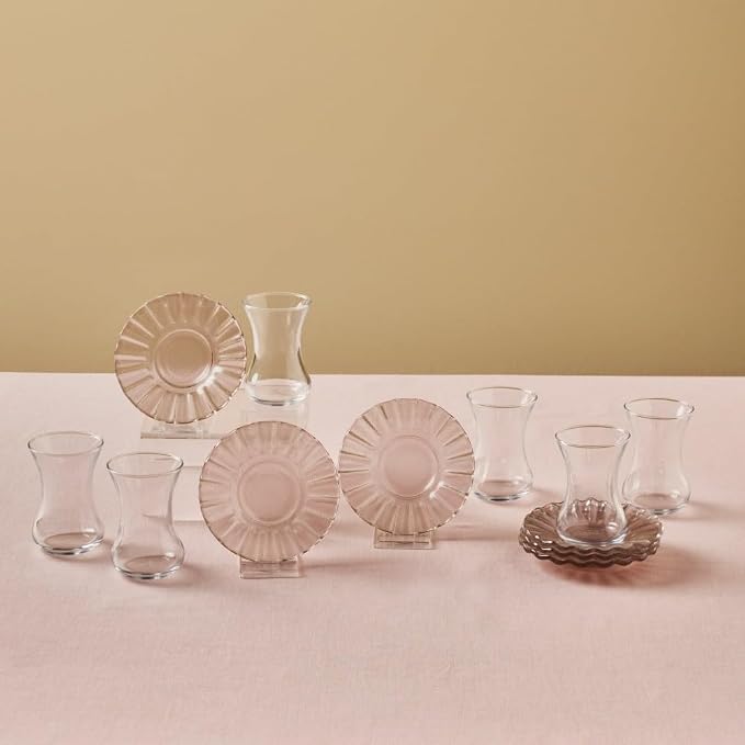 Karaca Luna 12-Piece Turkish Tea Cups for 6 People, 4.4 fl oz Turkish Tea Glasses Set with Elegant Light Brown Glass Saucers
