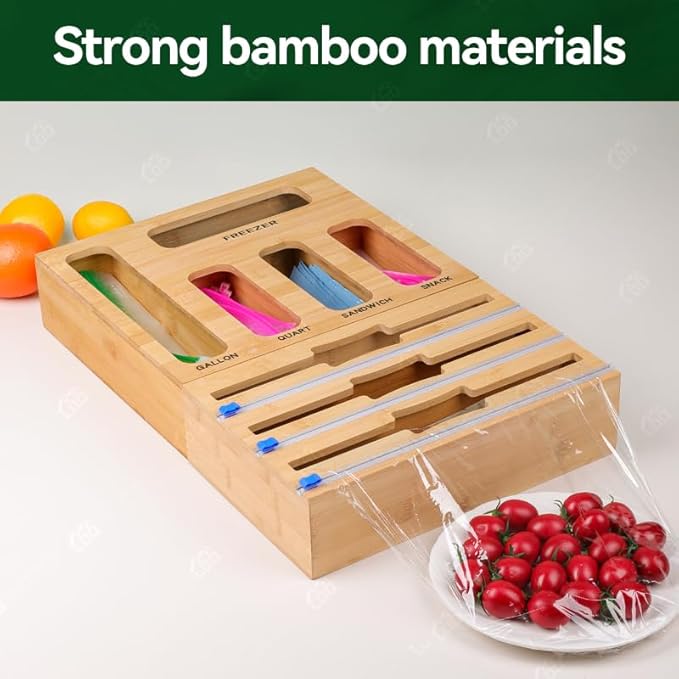 LDQ 9-in-1 Shatterproof Square Bamboo Storage Box - Aluminum Foil Dispensr with Cutter, Reusable Quarter Multi-Functional Sealed Bag Organizer for Kitchen Drawers, Walls, and Cabinetse