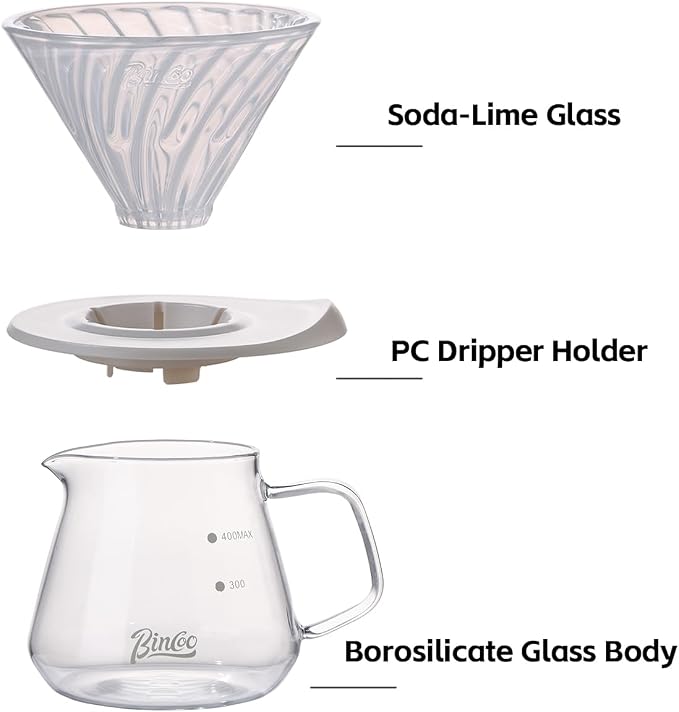 Bincoo Premium Pour Over Coffee Set, 500ML High Borosilicate Glass Coffee Maker, Even Extraction Dripper Holder, 3 Elegant Colors (Clear)