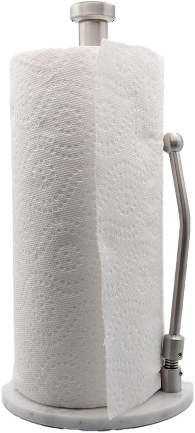 Paper Towel Holder with Marble Base – Weighted Countertop Stand, One-Hand Tear, Stainless Steel Rod, Natural Stone Base, Available in Gray & White Marble