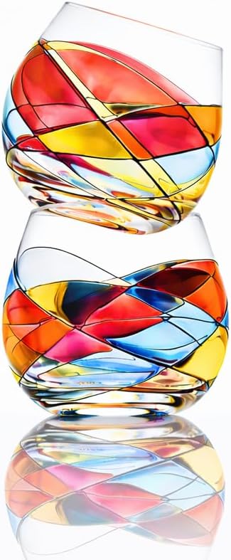Victoria Barcelona Stemless Ballon Wine Glasses Set 2 21Oz Hand Painted Stained Sagrada Unique Gift Anniversary Wedding Birthday Murano Inspired Antoni Gaudi Cornet (Sagrada Red, Ballon Set 2)