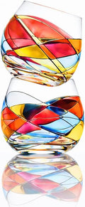 Victoria Barcelona Stemless Ballon Wine Glasses Set 2 21Oz Hand Painted Stained Sagrada Unique Gift Anniversary Wedding Birthday Murano Inspired Antoni Gaudi Cornet (Sagrada Red, Ballon Set 2)